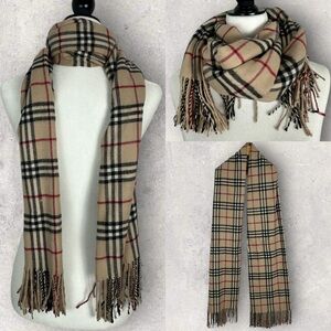 Plaid Rectangular Scarf Preppy Tan Black Brown Fringe 15" x 70" Academia Minimal